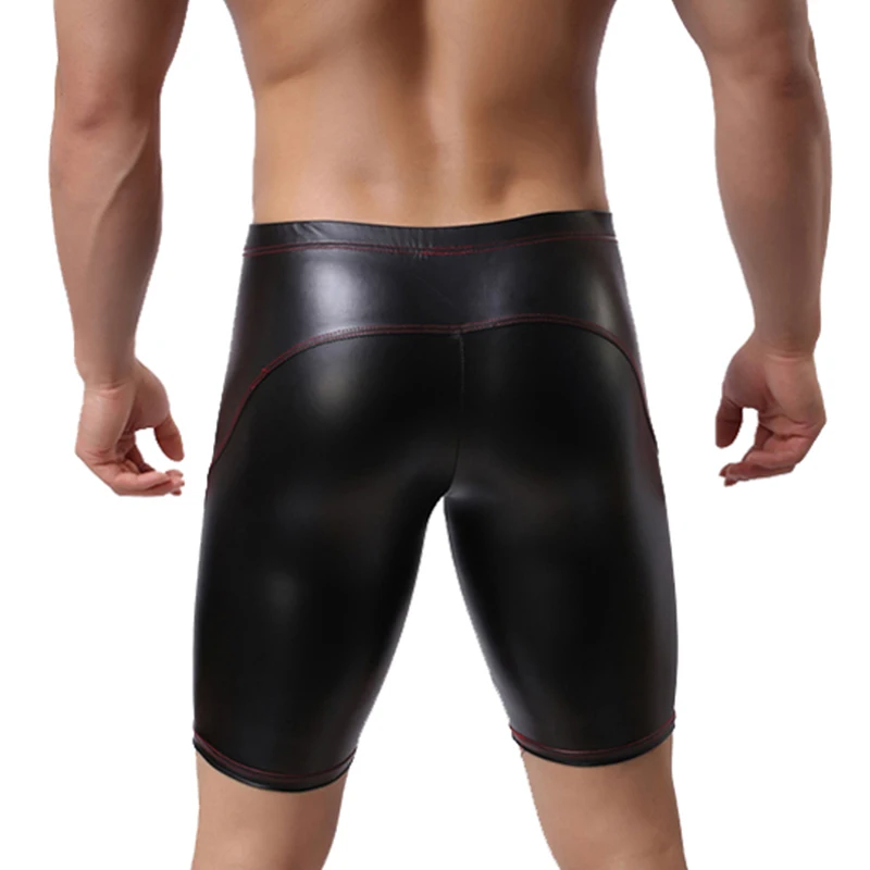 Men's Sexy PU Swimwear Summer Beach Swimming Long Boxer Faux Leather Swim Trunks Running Sports Fitness Wetlook Shorts