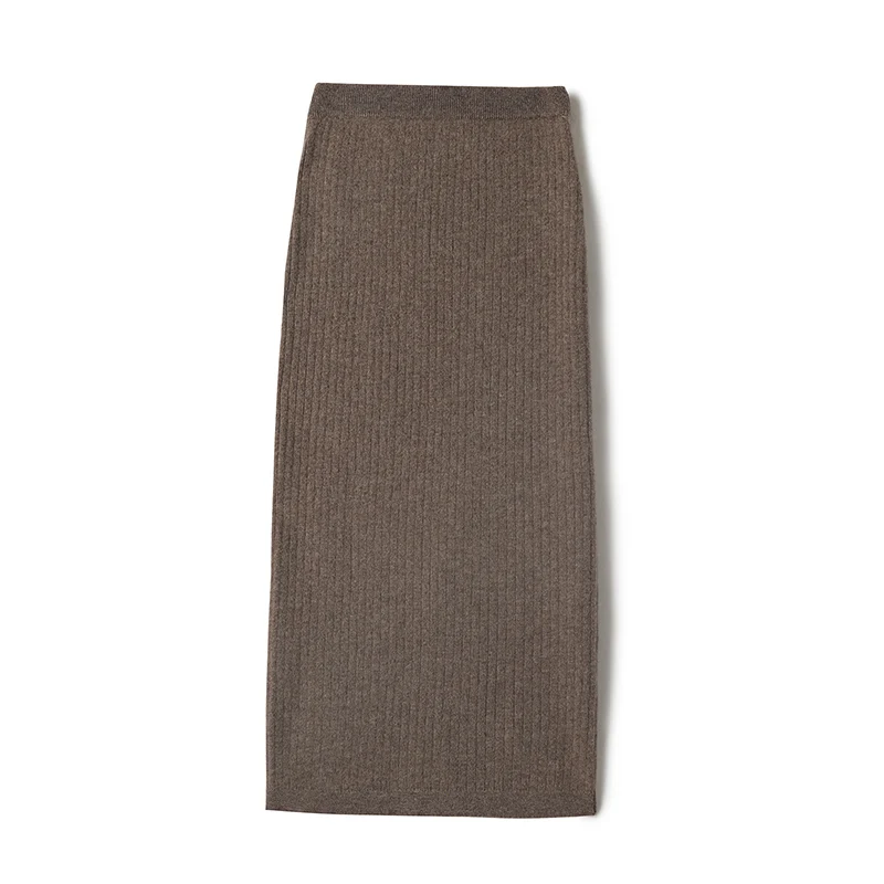 Autumn Winter Women's Pure Wool Skirts 100% Merino Wool Knitwear Elastic Waist Split Solid Slim Grace Soft Casual Pencil Skirt