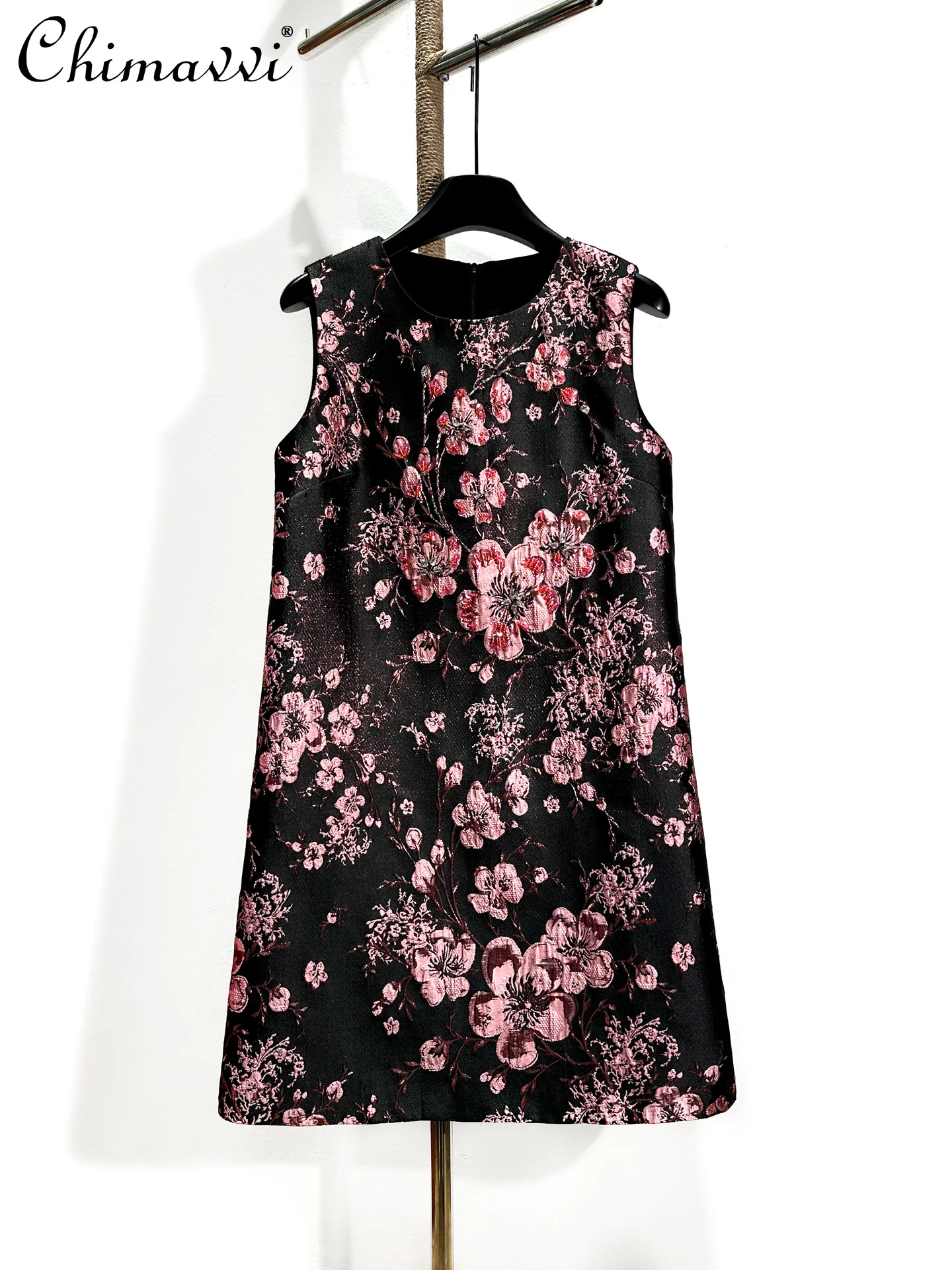 Exquisito Jacquard pesado rebordear cintura suelta A-Line vestido de gama alta sin mangas ajustado Vintage vestidos mujeres 2026 primavera nuevo