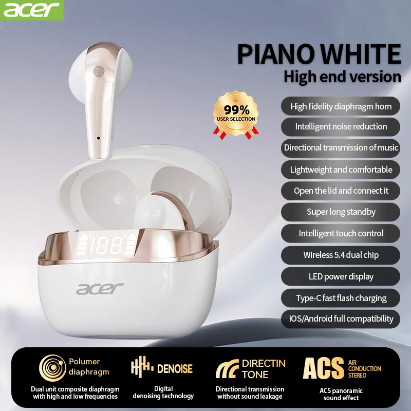 Acer e554 Bluetooth 5.3 kabellose Ohrhörer, TWS-Sportkopfhörer mit Mikrofon, Touch-Steuerung, wasserdicht, IPX7 Gaming-Kopfhörer mit geringer Latenz