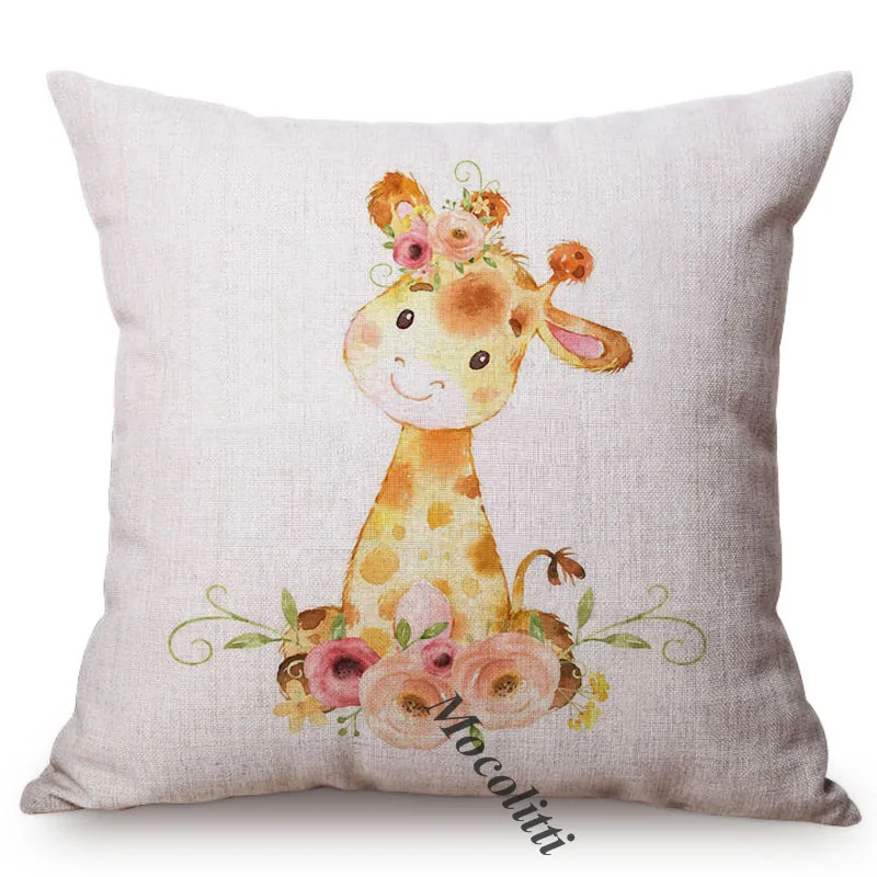 Cute Animals Watercolor Cartoon Painting Art Sofa Decoration Throw Pillow Case Giraffe Elephant Style Cotton Linen Cushion Cover