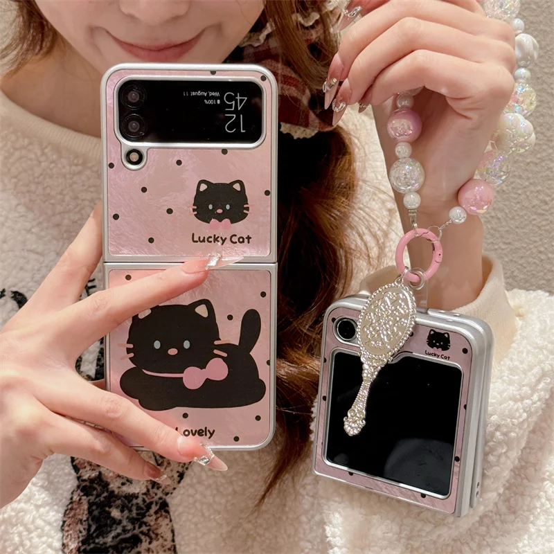 

Kawaii Pink bow Cat Phone Case For Samsung Z Flip 6 5 4 3 Cover with Chain Iceberg patterns Cute Case For Galaxy Flip5 Flip6 5G
