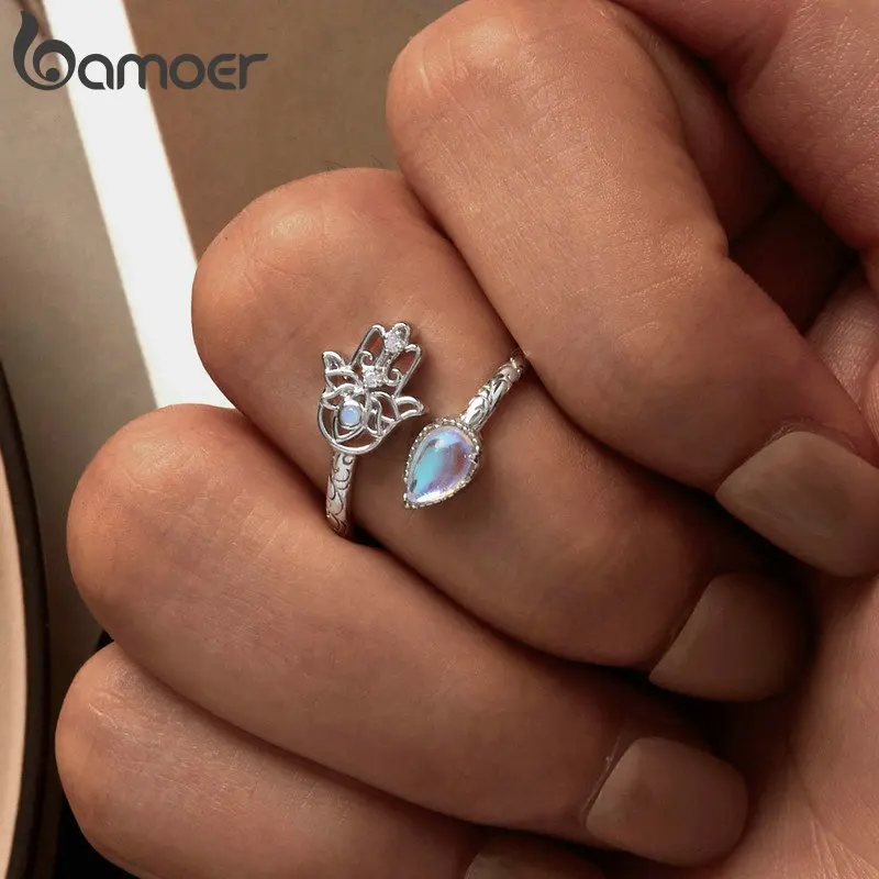 Bamoer 925 Sterling Silver Lucky Hand Ring Pattern Hamsa Rings Shiny Zircon For Women Girls Original Design Gift Fine Jewelry