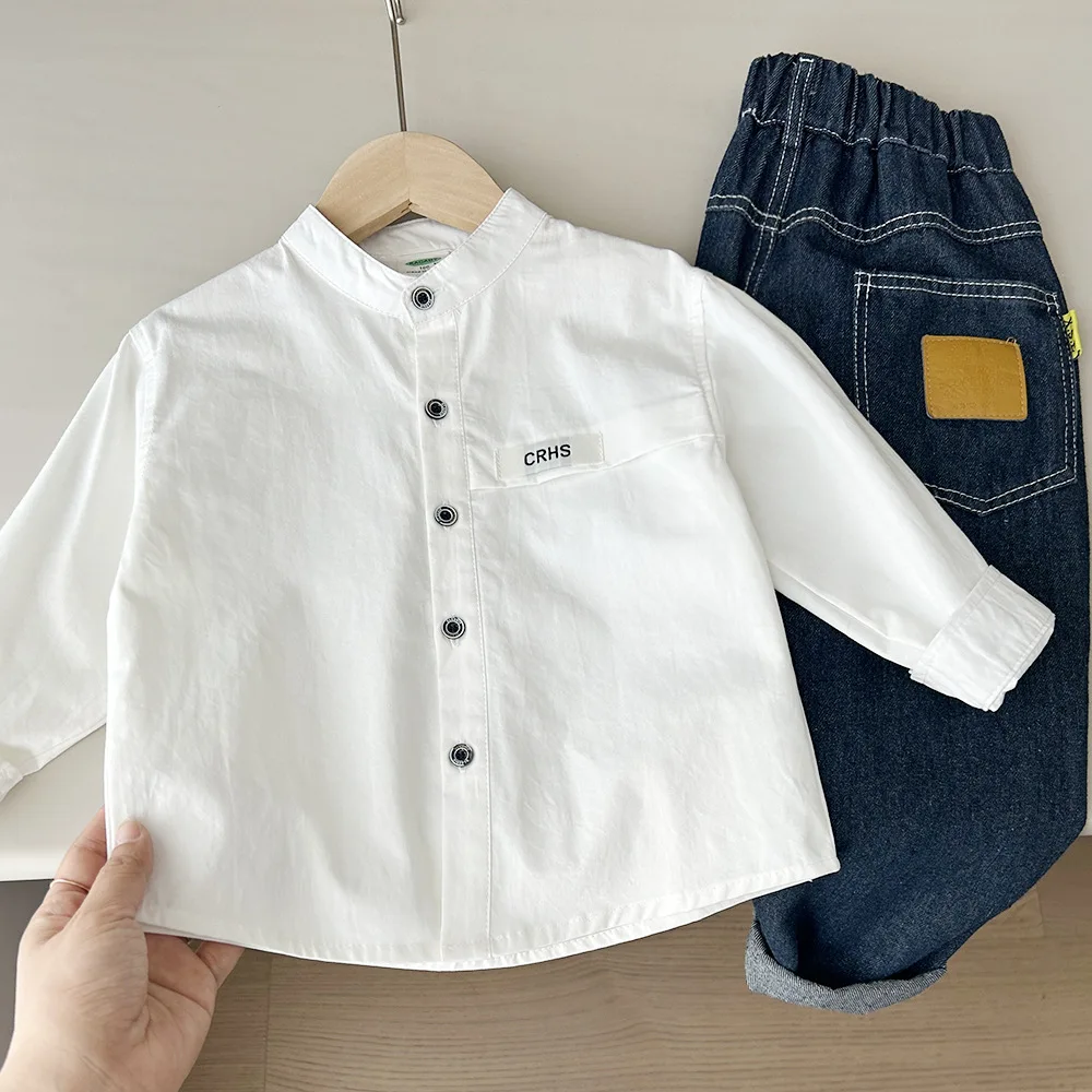 2025 Spring and Autumn Children's Clothing, Boys' and Children's New Cotton Stand up Collar, White Long sleeved Shirt, Shirt, To
