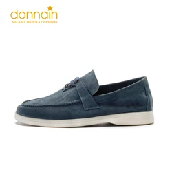 DONNAIN 2023 New Spring Moccasin Shoes Men&Women Soft Loafers Slip On Flat Suede Luxury Genuine Leather Plus Size Denim Blue