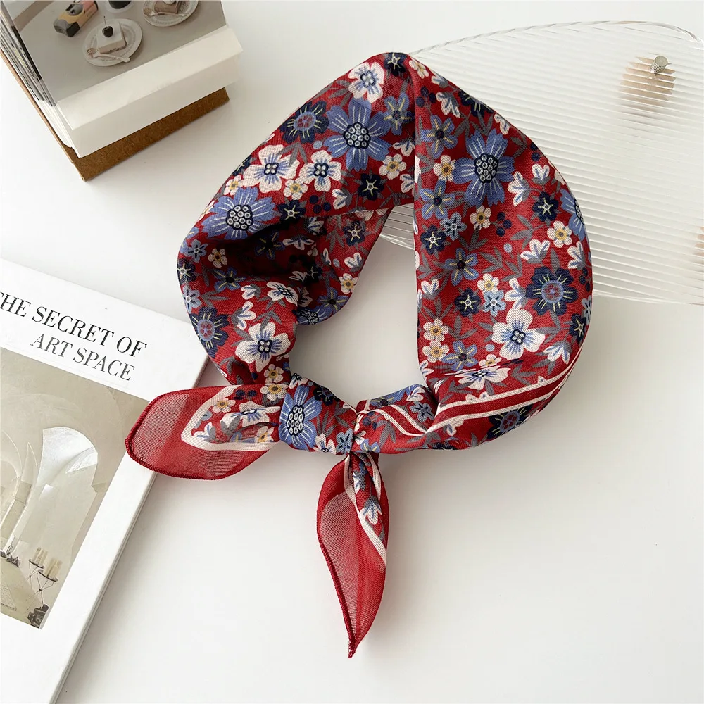 55cm Girls Cotton Linen Spring Summer Square Scarf for Women Korean Chic Headband Fashion Decorative Hairband Floral Neck Scarf image 3