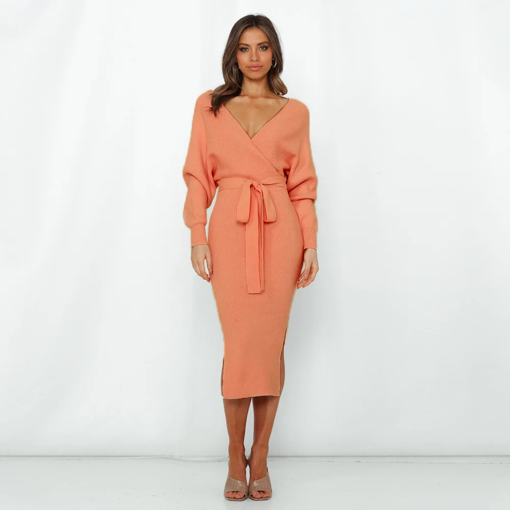 Sexy V Neck Batwing Sleeve Knit Dress Women Bodycon Long Sleeve Dresses Spring Summer Solid Color Wrap Tie Casual Office
