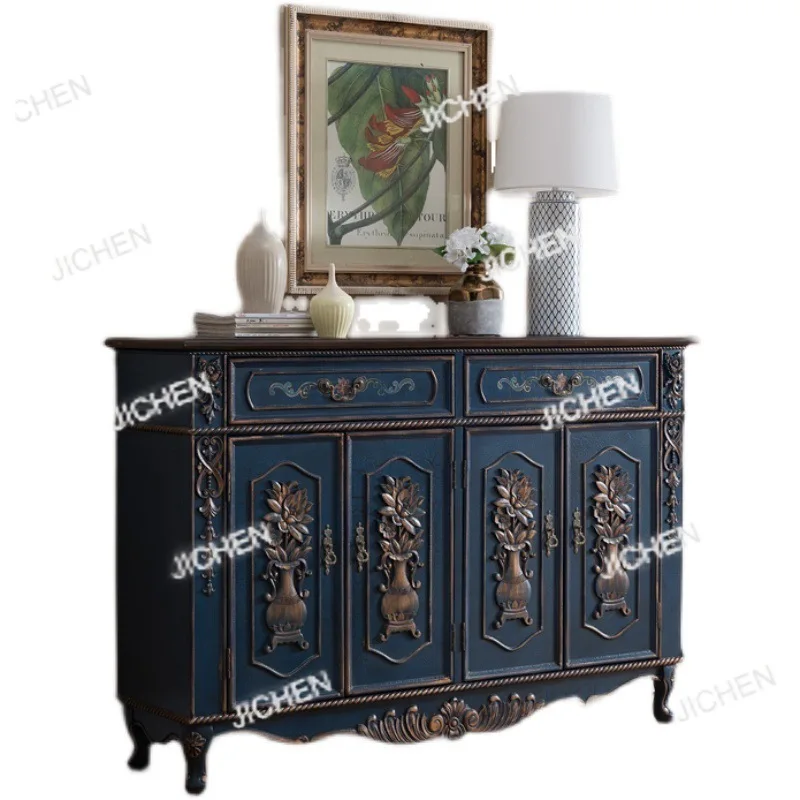 

Синий европейский и американский шкаф для обуви из массива дерева, окрашенный, четырехдверный, с резьбой, в стиле ретро, с золотым покрытием, для прихожей, шкаф для хранения.