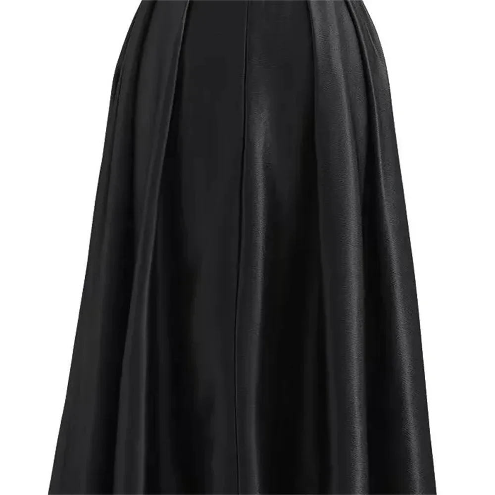 Vintage Französischer Dunkelgrüner Satin-Maxirock für Damen – Hochtaillierter, Gürtelbesetzter Schlagrock – Modische Party-, Hochzeits- und Abendröcke 2026 – Detail 5