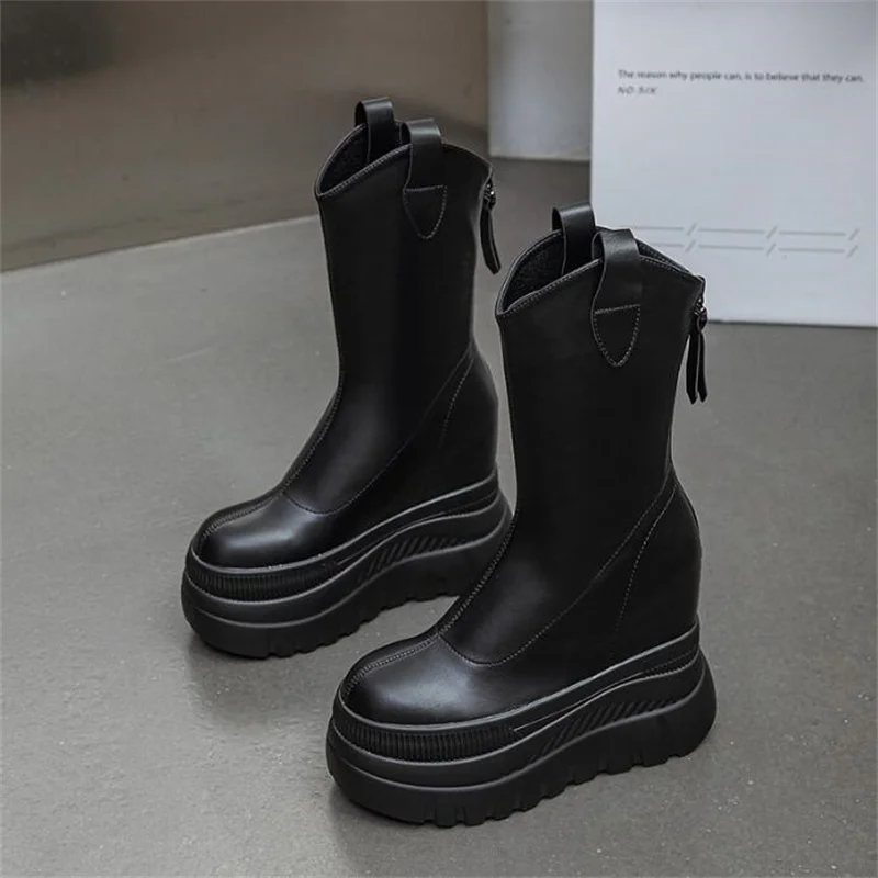 12cm New Microfiber Leather Women High Brand Pumps Heels Black Shoes ZIP Increase Casual Ankle Boots Platform Wedge Shoes