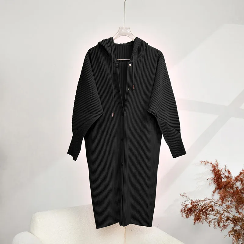 

Coat Miyake Pleated Hooded Women's Clothing Autumn New Casual Solid Color Loose Stretch Outerwear Single Breasted