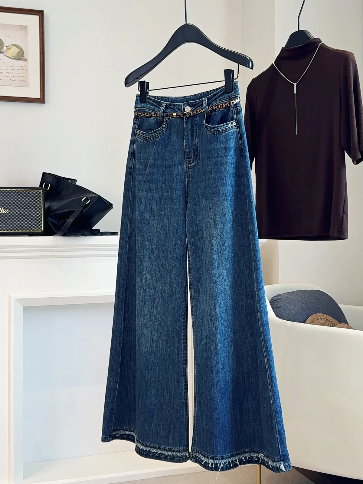 

Осенние синие широкие джинсы для женщин с высокой талией, свободные простые прямые брюки, корейские повседневные модные джинсовые брюки с бахромой