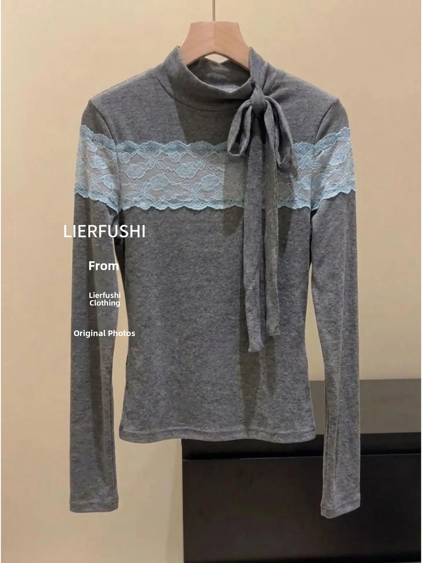 Gentle Style Long Sleeve Base Shirt Lace Splicing Design Slim Fit Waist Cinching Slimming Atmosphere Soft Wind T-Shirt for Women