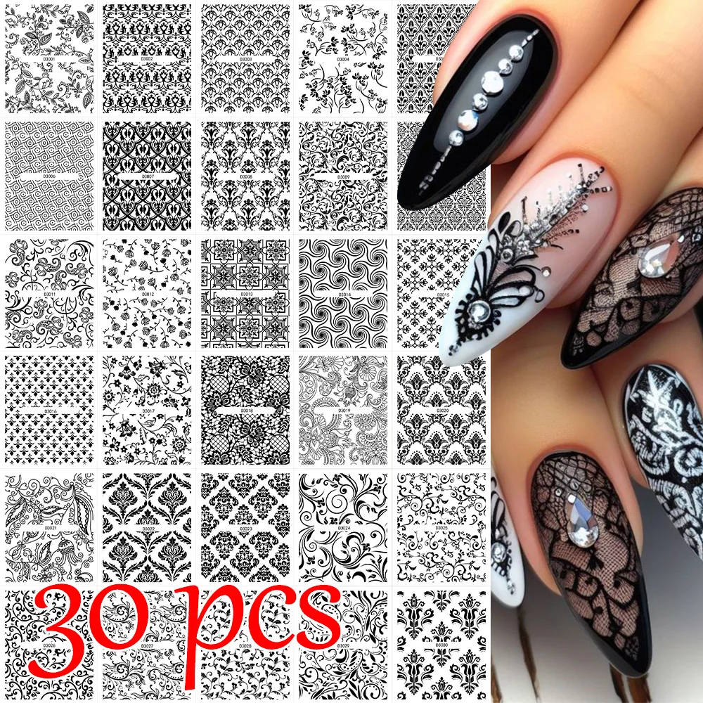 30pcs Lace Flower Pattern Nail Stickers 3D Bohemia Ethnic style Image Printing Nail Art Decals DIY Manicure Sliders Decorations!