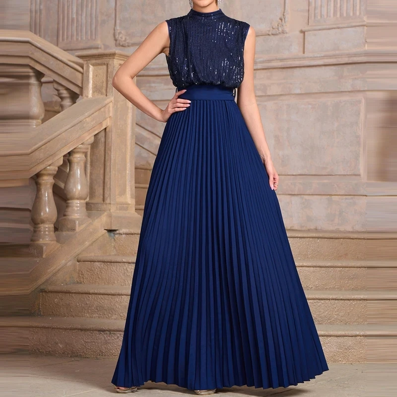 

Summer New High Waist Women's Party Dresses Fashion O-neck Sequins Spliced Evening Dress Elegant Sleeveless Solid Pleated Dress