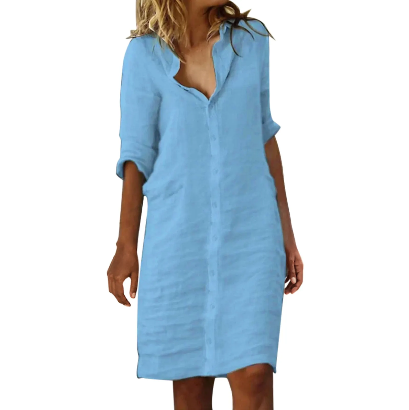 Women'S Long Dresses Contton Linen Shirt Dress Short Dress Solid Dress Vestidos Para Mujer Elegantes Y Bonitos One-Piece Dress