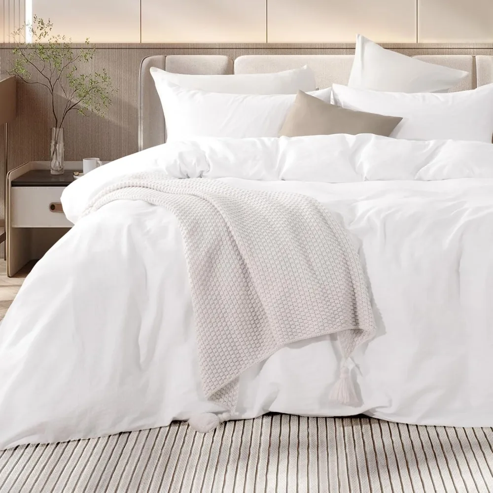 

Cotton Duvet Cover Queen Size White, Organic Natural Linen Feel 100% Washed Cotton 3 Pieces Bedding Set, Duvets Covers