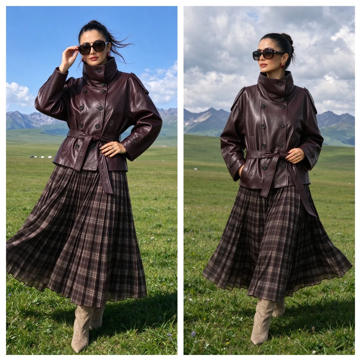Guobioziy Women's Jacket 2026 Fall/Winter New Arrival Dark Brown Long-Sleeve Stand Collar Tie Faux Leather Loose Biker Parka