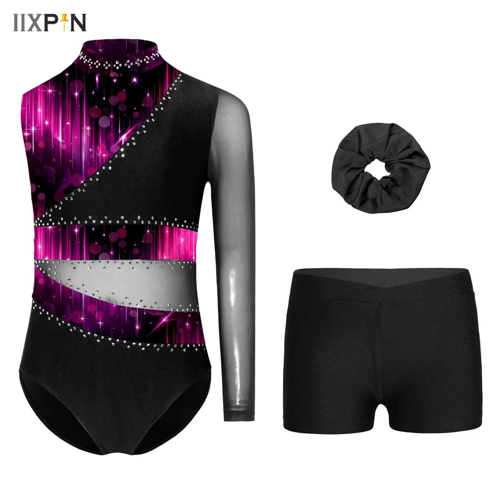 3Pcs Girls Gymnastics Unitard Outfit Sparkly Rhinestones Patchwork Asymmetric Sleeve Leotard+Shorts+Hairtie Sports Dance Costume