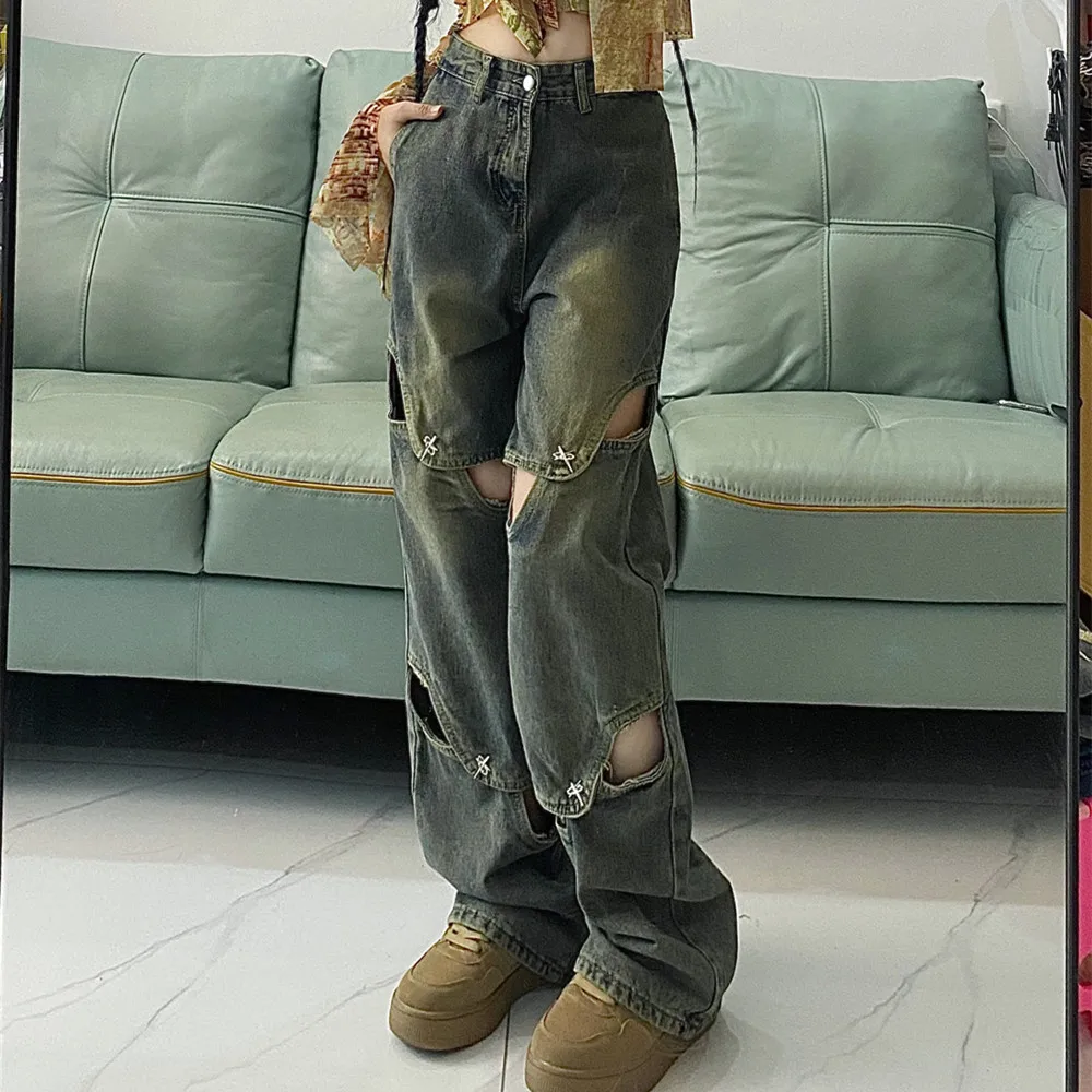 

Women Jeans Fashion American Hollow Out Design Y2K Spliced Chic Wide Leg Jean Female Trouser Denim Pants Summer 2024