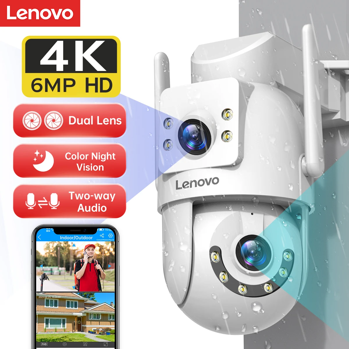 Lenovo 4k 6mp wifi câmera de vigilância segurança ao ar livre lente dupla tela ai rastreamento câmera ip ptz cctv vigilância vídeo