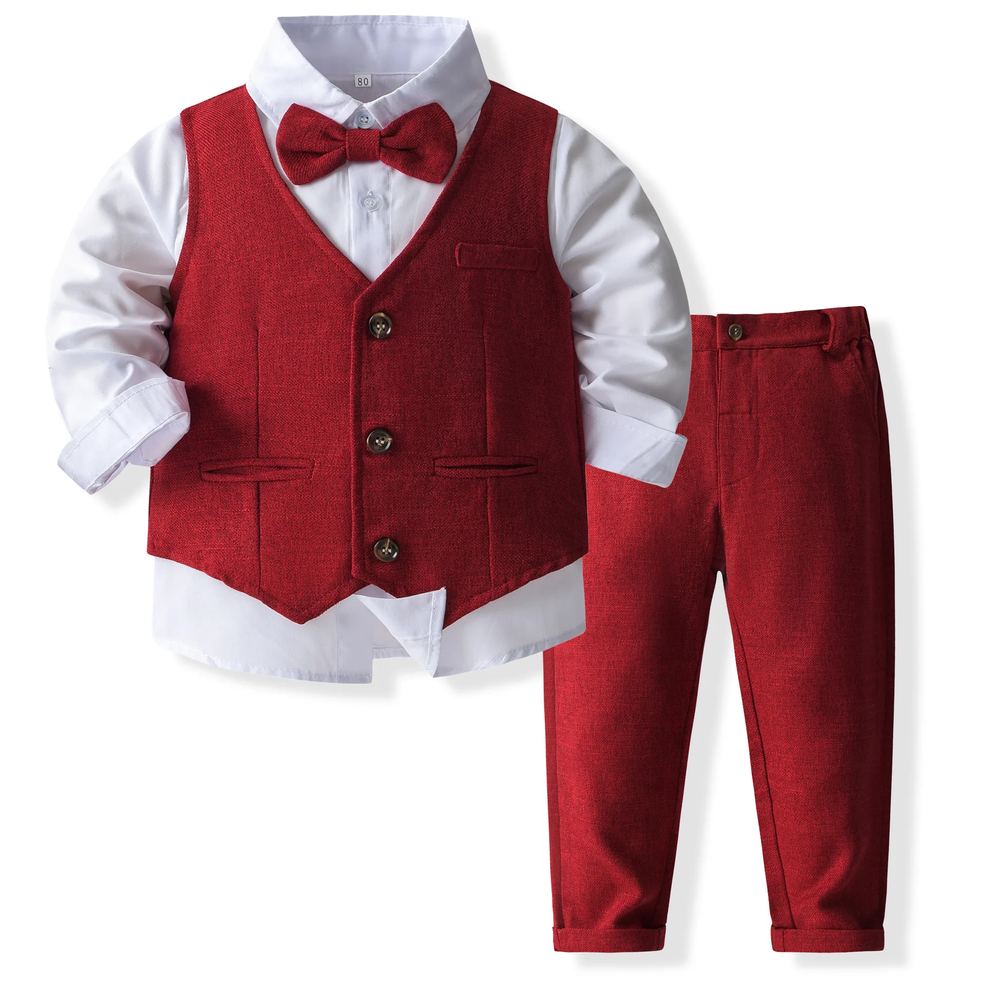 1 2 3 Years Baby Birthday Clothes Gentleman Autumn Outfits Boys Party Suit Solid Pants Fake 2PCS Set Toddler Wedding Costume