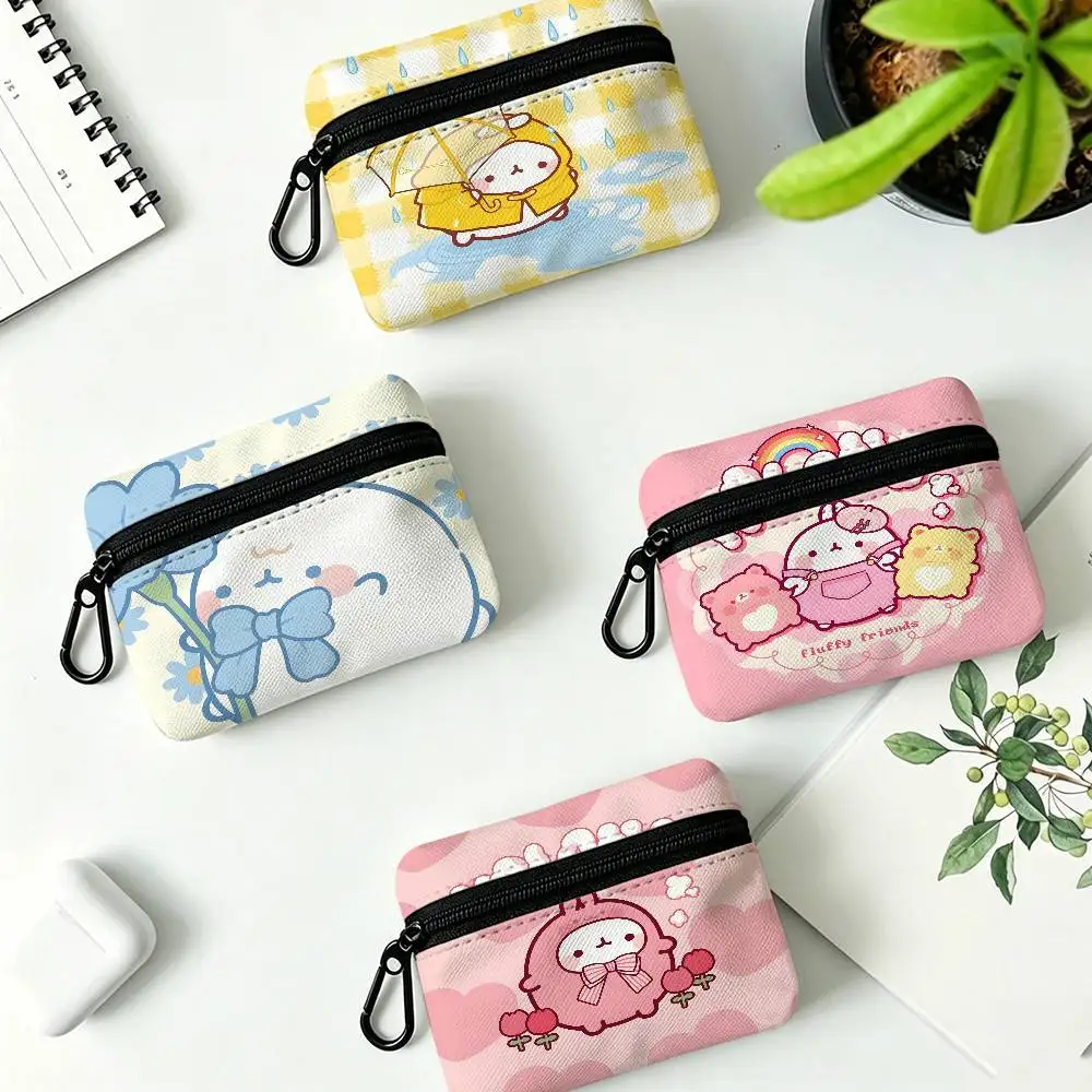 Cartoon Molang Portable Oxford Cloth Coin Purse Alloy Carabiner Hook Small Zipper Pouch For Backpack Belt Daily