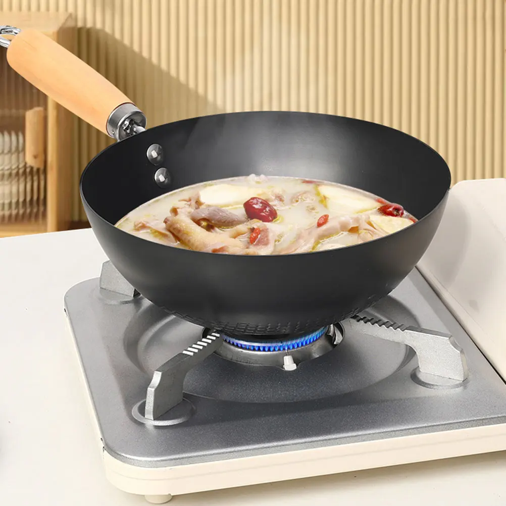 

Small Wok Iron Frying Pan with Ergonomic Handle for Gas Stove Wood Use Non-Stick Round Bottom Cooking Wok Home