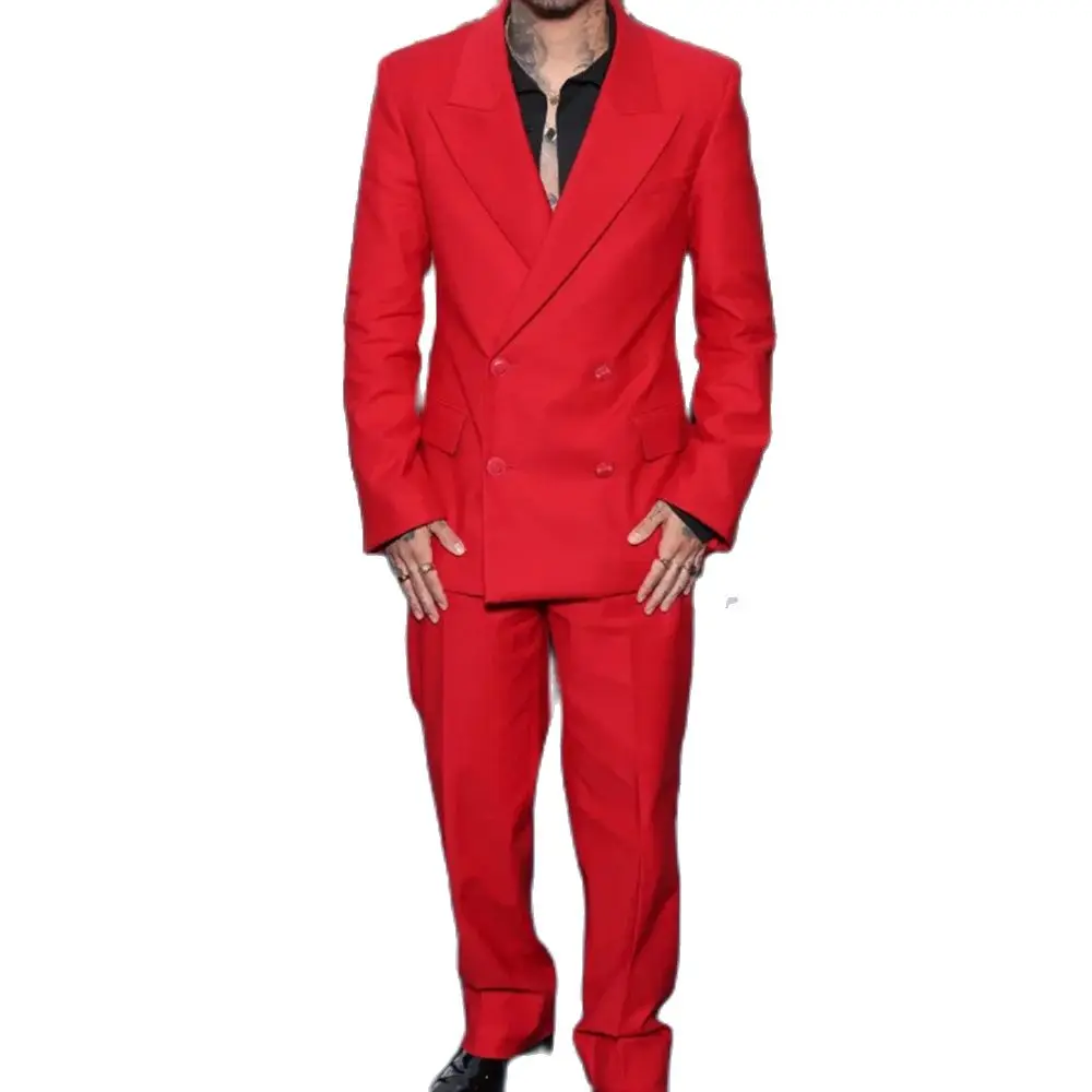 

Fashion Chic Classic Red Suits For Men Double Breasted Peak Lapel Slim Fit 2 Piece Jacket Pants Party Prom Trajes Para Hombre