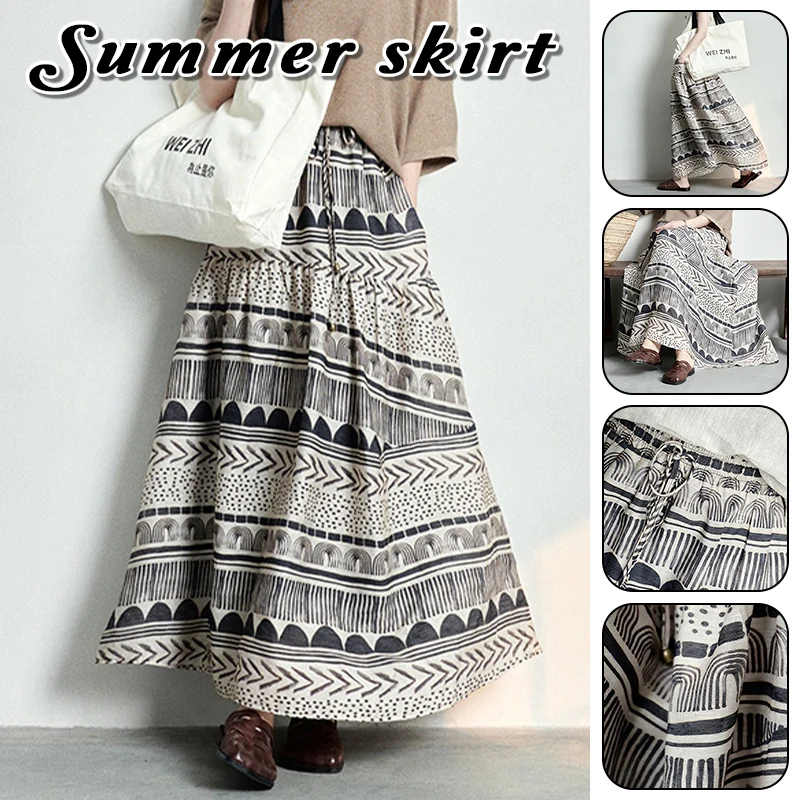 Literary Cotton Linen Dress Lace-up A-line Expansion Skirt Bohemian Ethnic Style Women Long Skirts Spring Summer Retro Printing