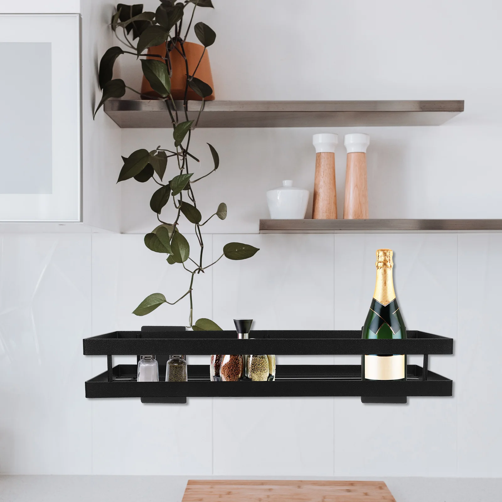 

35Cm Black Wall Mountable Seasoning Rack Premium Metal Storage Organizer Hanging Holder For Kitchen Home Office