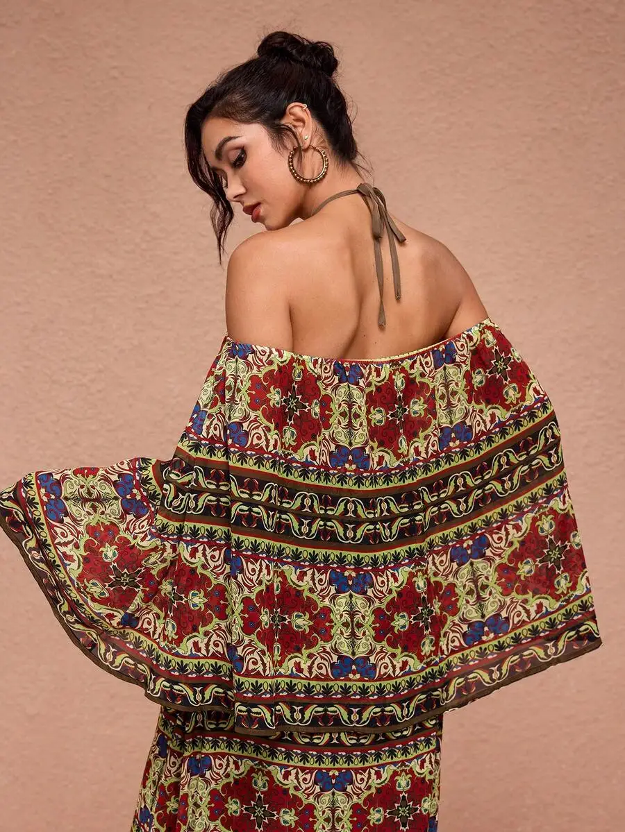 

Multicolor All Over Print Chiffon Off Shoulder Halter Tie Back Boho Maxi Dress