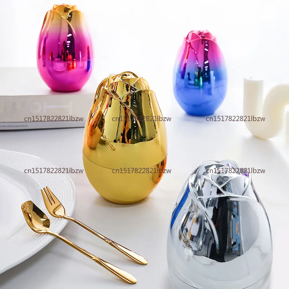 Creative Mini Stainless Steel Mixing Spoon Fruit Fork Tableware Storage Egg High-Value Rose Mood Egg Kitchen Utensil