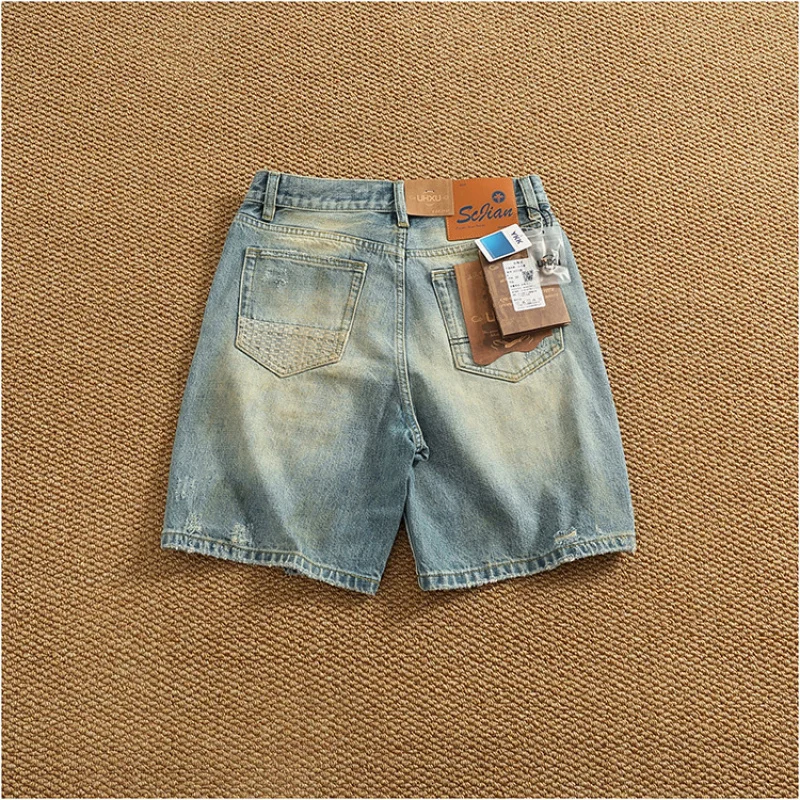 

2025 новые летние элитные рваные джинсовые шорты в стиле ретро для мужчин, свободные и повседневные, ностальгические брюки «пять четвертей»