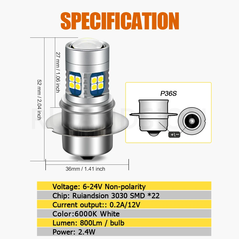 Ruiandsion P36S P36D Motorcycle LED Headlights 6-24V  3030 22 SMD Chips High Low Light  6000K White Marine Light