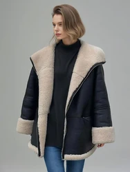 Minimalist Patchwork Lambswool Jackets For Women Lapel Long Sleeve Spliced Zipper Casual Hit Color Leather Coat Female