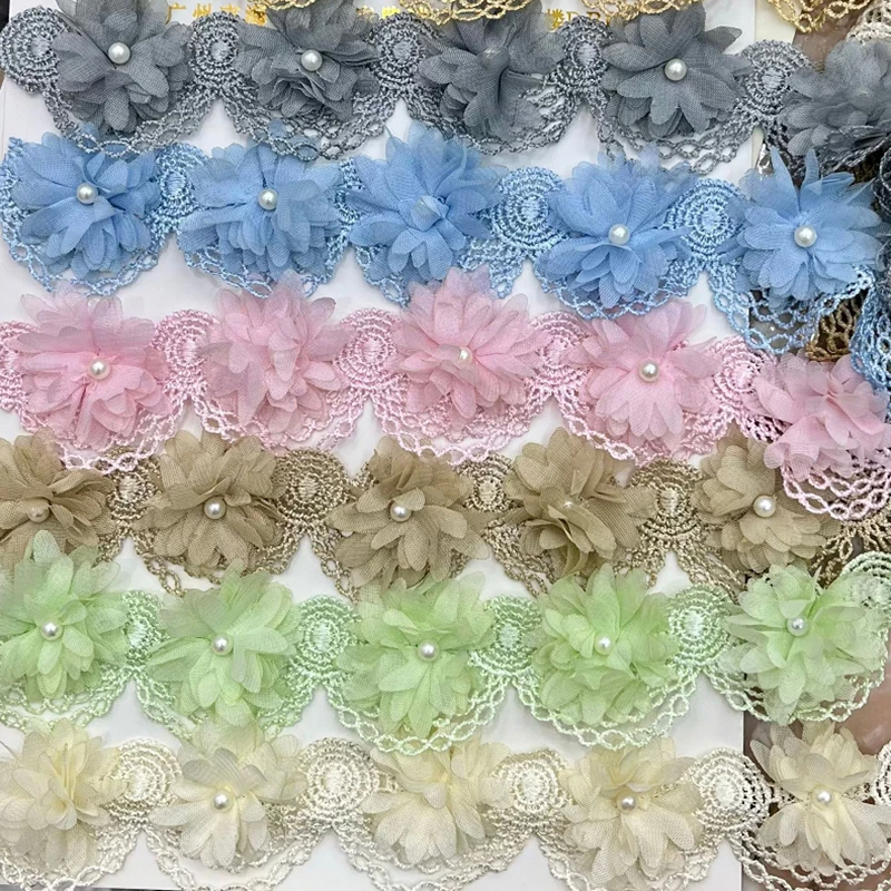 15Yards 3D Pink Chiffon Cluster Flowers Wedding Dress Bridal Fabric Pearls Lace Trim Fabric DIY Sewing