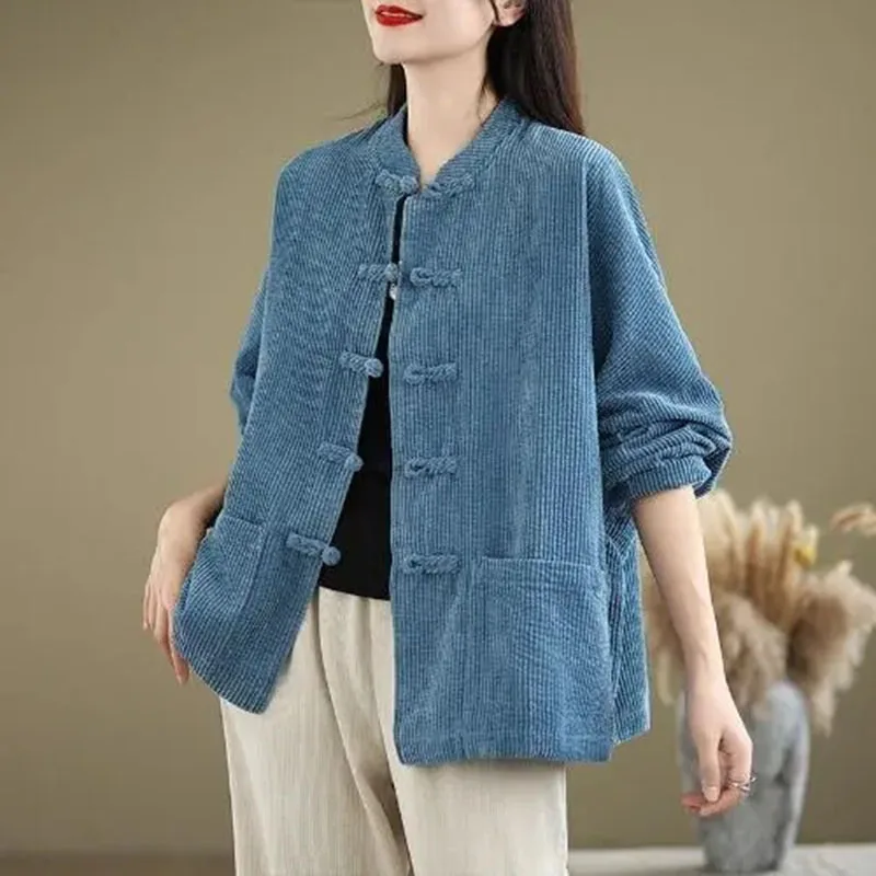New Spring Autumn with Improved Tang Style Loose Single-breasted Stand Coat Female Top Chinese Style Retro Corduroy Jacket Women