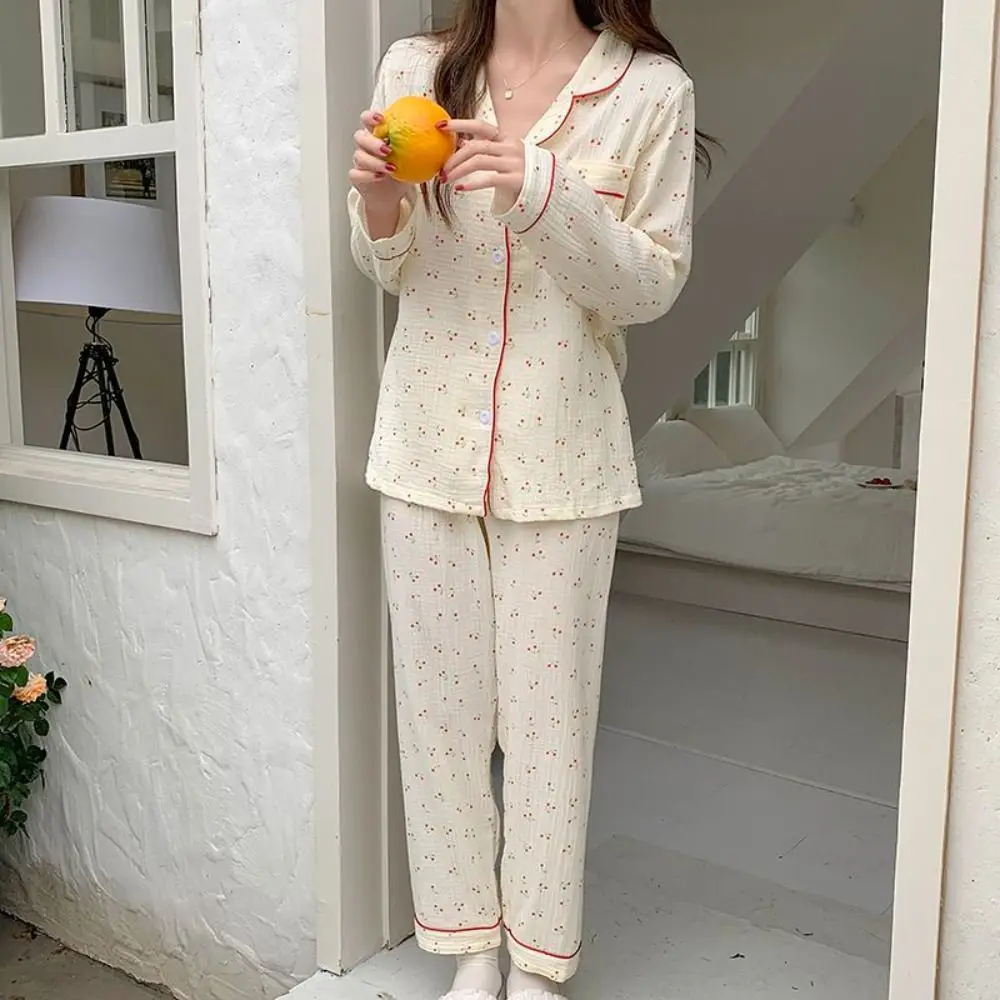 

Homewear Ruffle Cherry Pajamas Women Loose Nightdress Sweet Pajamas Suit Lapel Long Sleeve Sleepwear Summer Autumn