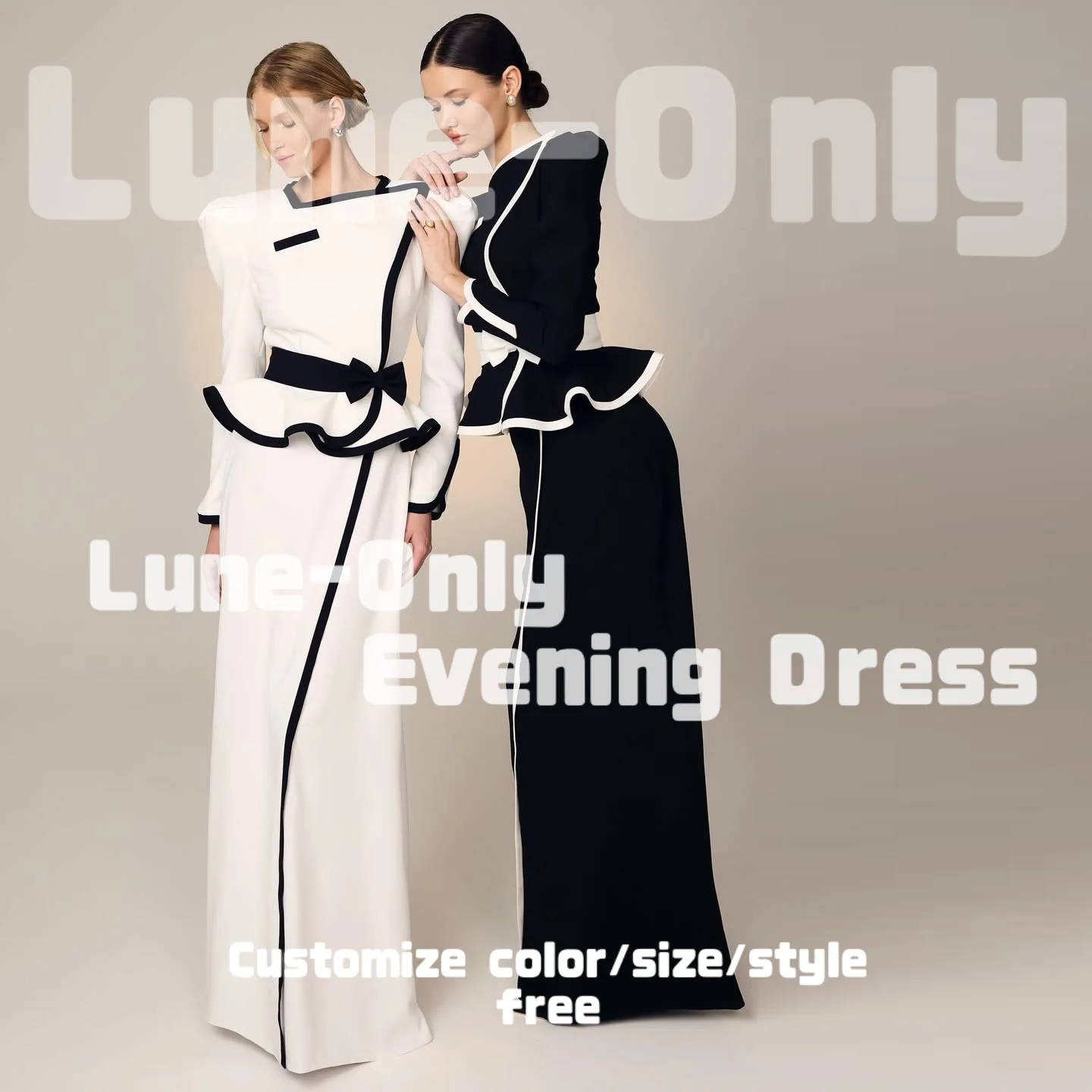 Vestidos de Noche blancos y negros de manga larga Vintage personalizados, vestido de fiesta elegante con lazo hasta el suelo, vestido Formal de graduación