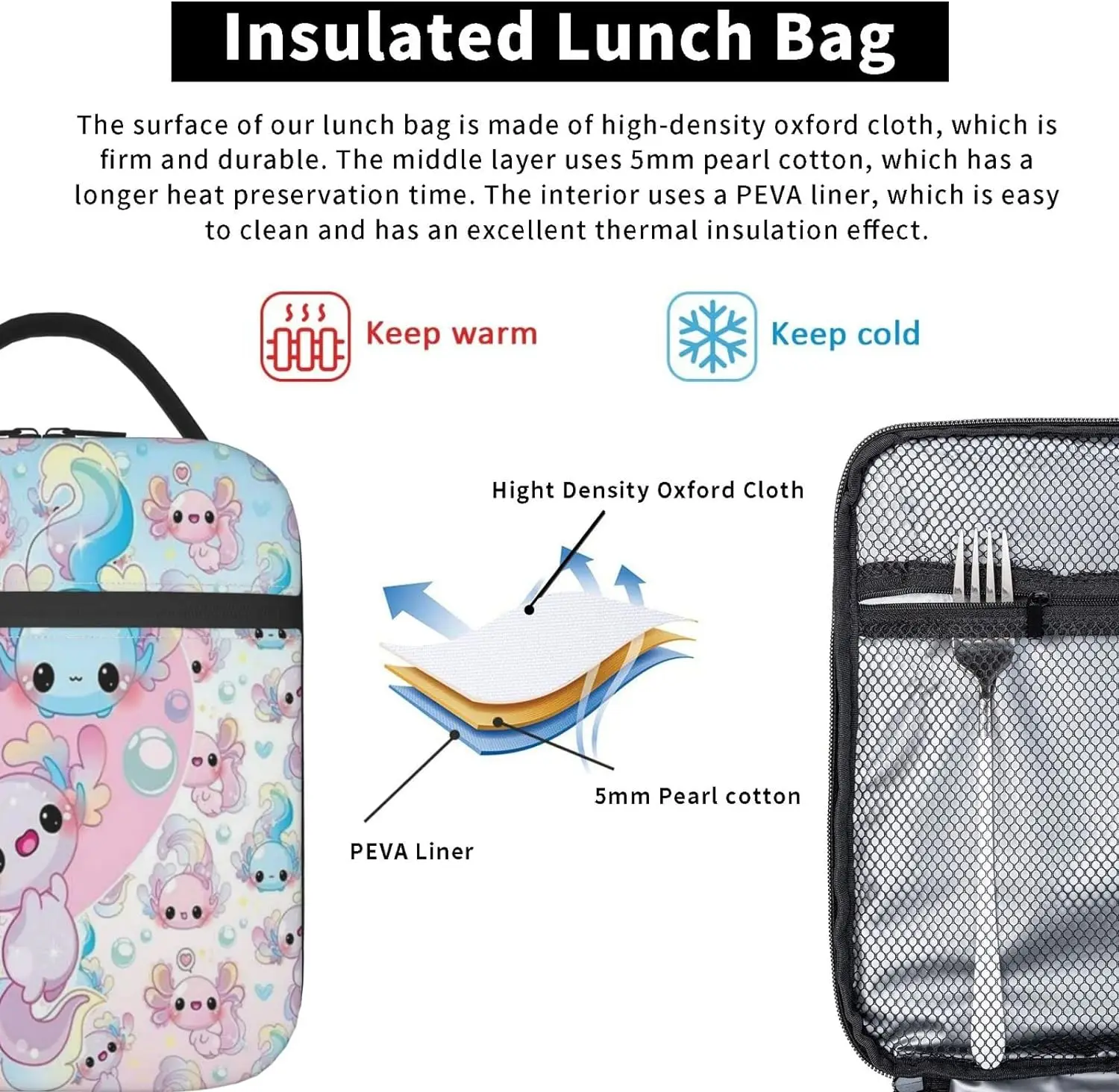 Axolotl-Bolsa de almuerzo reutilizable, bolso de mano para trabajo, Picnic, senderismo