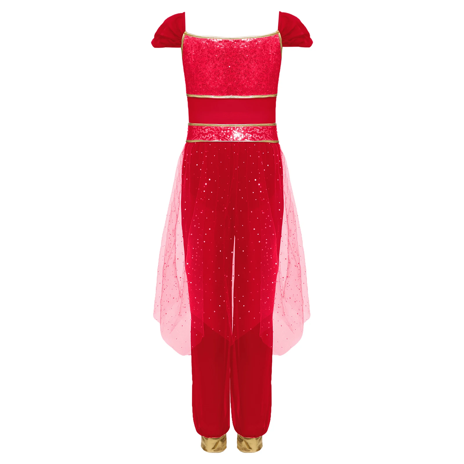 

Girls Arabian Princess Belly Dance Costume Rompers Shiny Rhinestone Sequine Waist Tulle Overlay Jumpsuit Halloween Fancy Cosplay