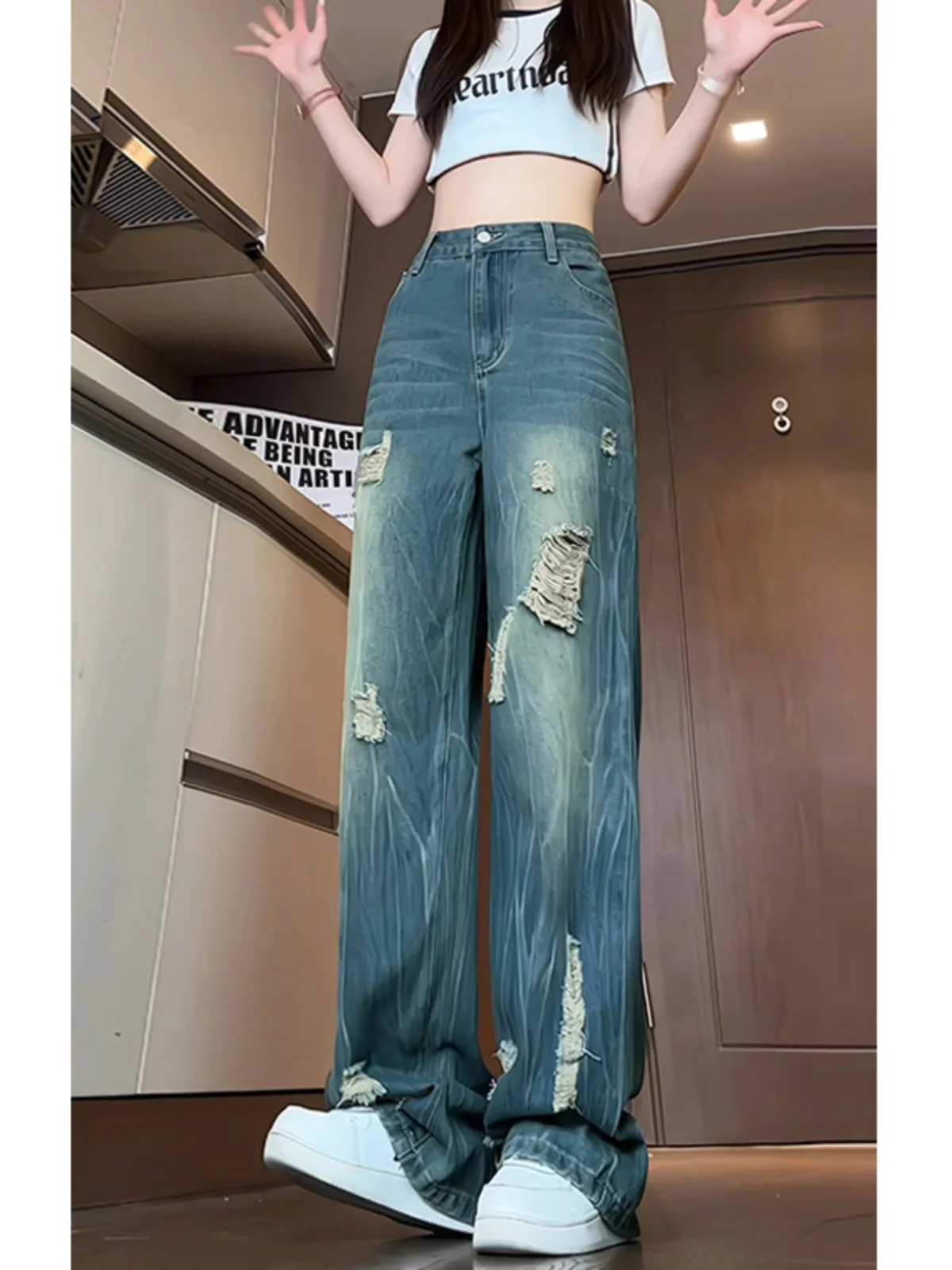 

Men's Straight Leg Jeans Bamboo Node Hole Punch Thin Summer Long Taller Knife Flared Pants Low Waist Zipper Closure Cotton Po...