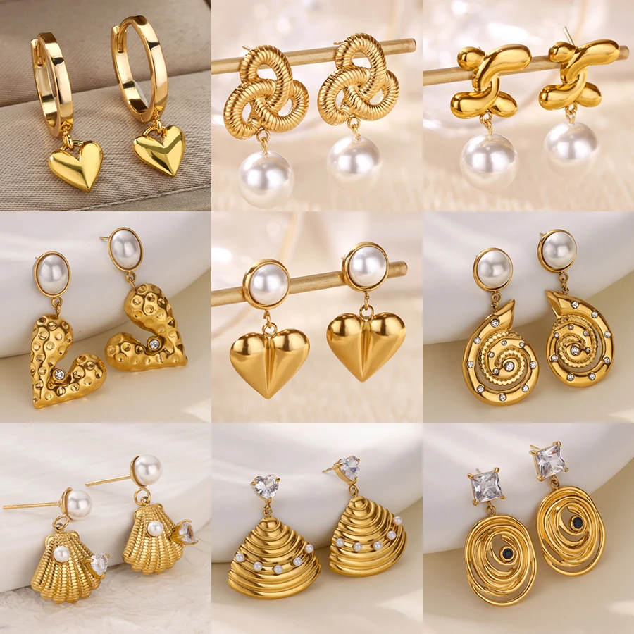 Elegante Imitation Perle Tropfen Ohrringe für Frauen Gold Farbe Edelstahl Herz Geometrische Durchbohrte Ohrringe Trendy Party Schmuck