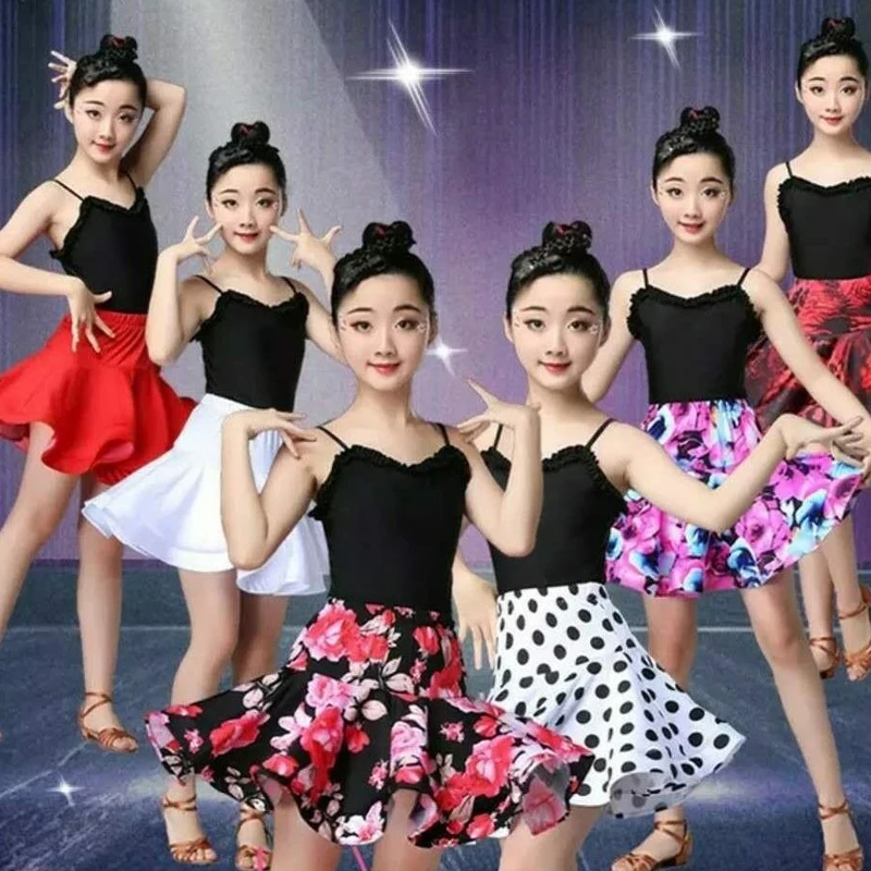 1Set 9Colors Latin Dance Dress for Children Girls Printing Floral Sexy Salsa Costume Tango Dress Stage Performance Clothing New