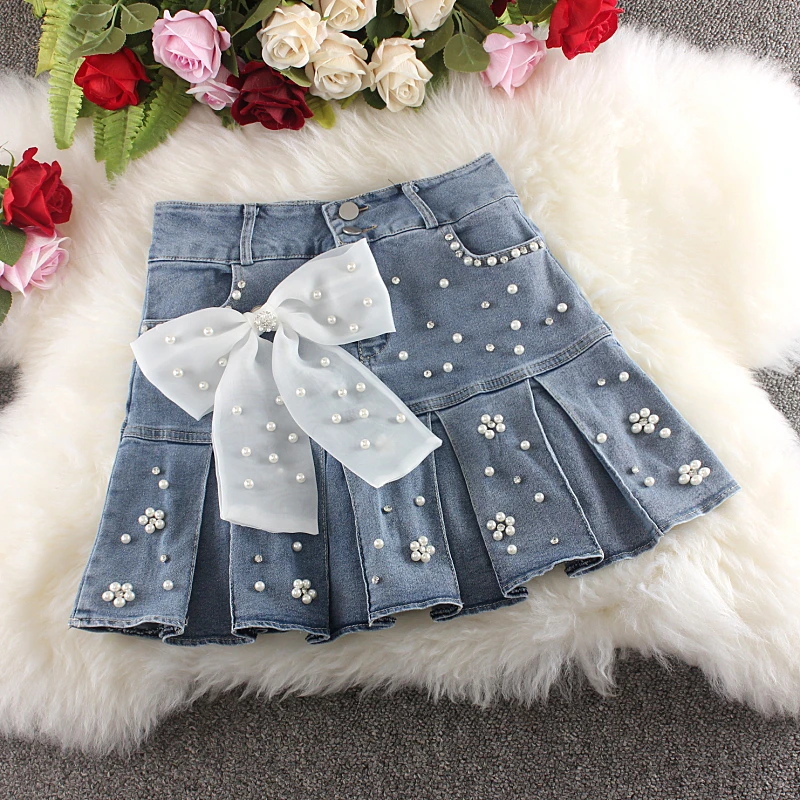 Fashion Diamond Denim Shorts Pleated Mini Skirt Summer Bow Beaded 2024 New Women's Sexy High Waist Jeans Booty Short Streetwear