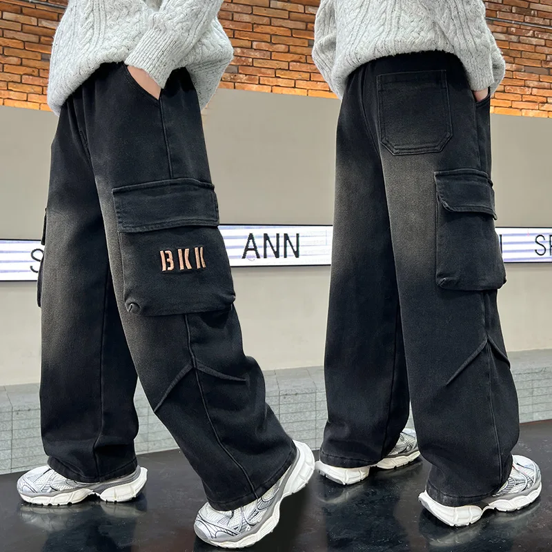 Teenage Child Denim Pants Spring Autumn School Boys Casual Cargo Jeans With Pocket Preppy Loose Style High Fashion Kids Trousers