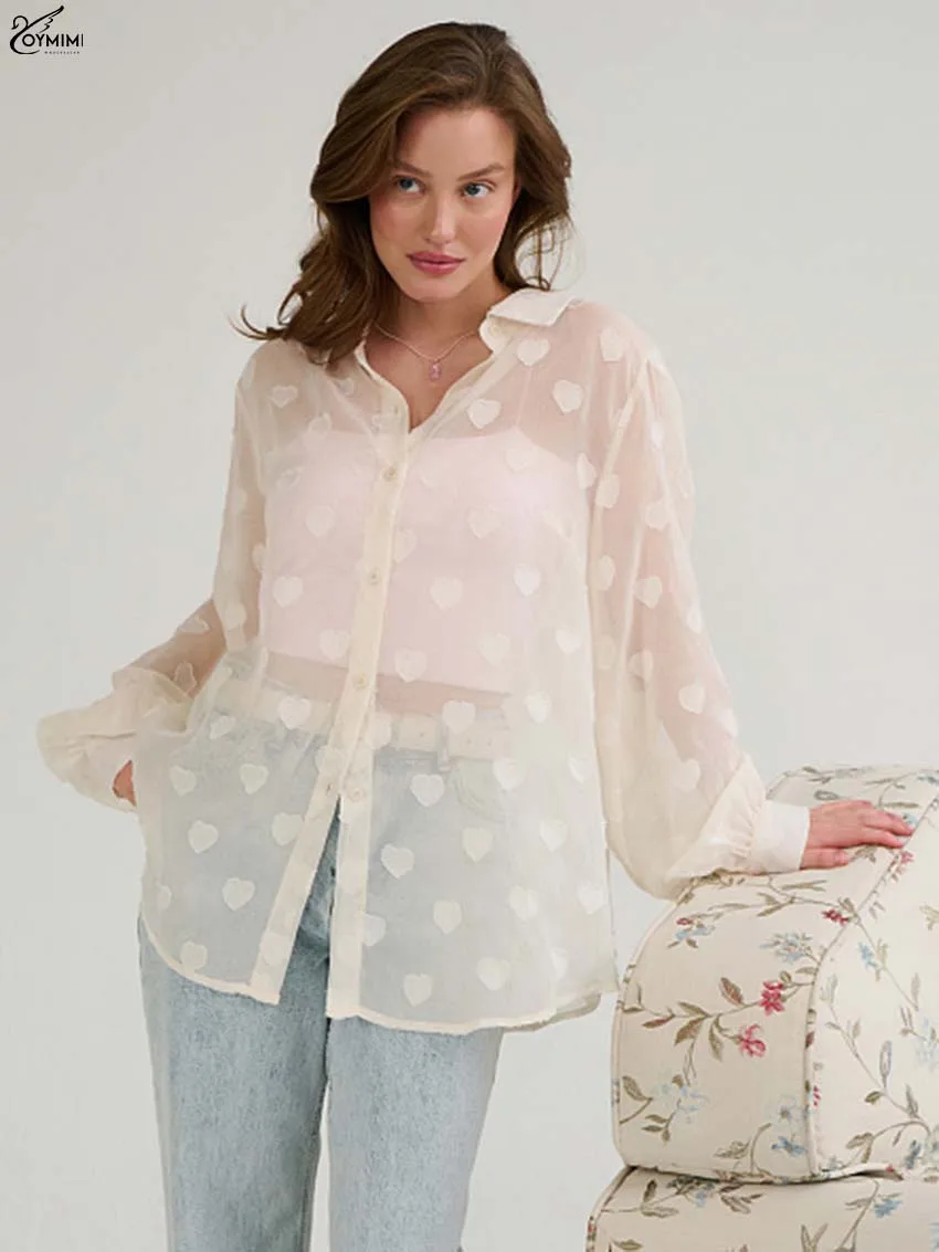 Oymimi Fashion White Print Woman Blouses Elegant Translucent Turn-Down Collar Blouses Casual Long Sleeve Single Breasted Shirts