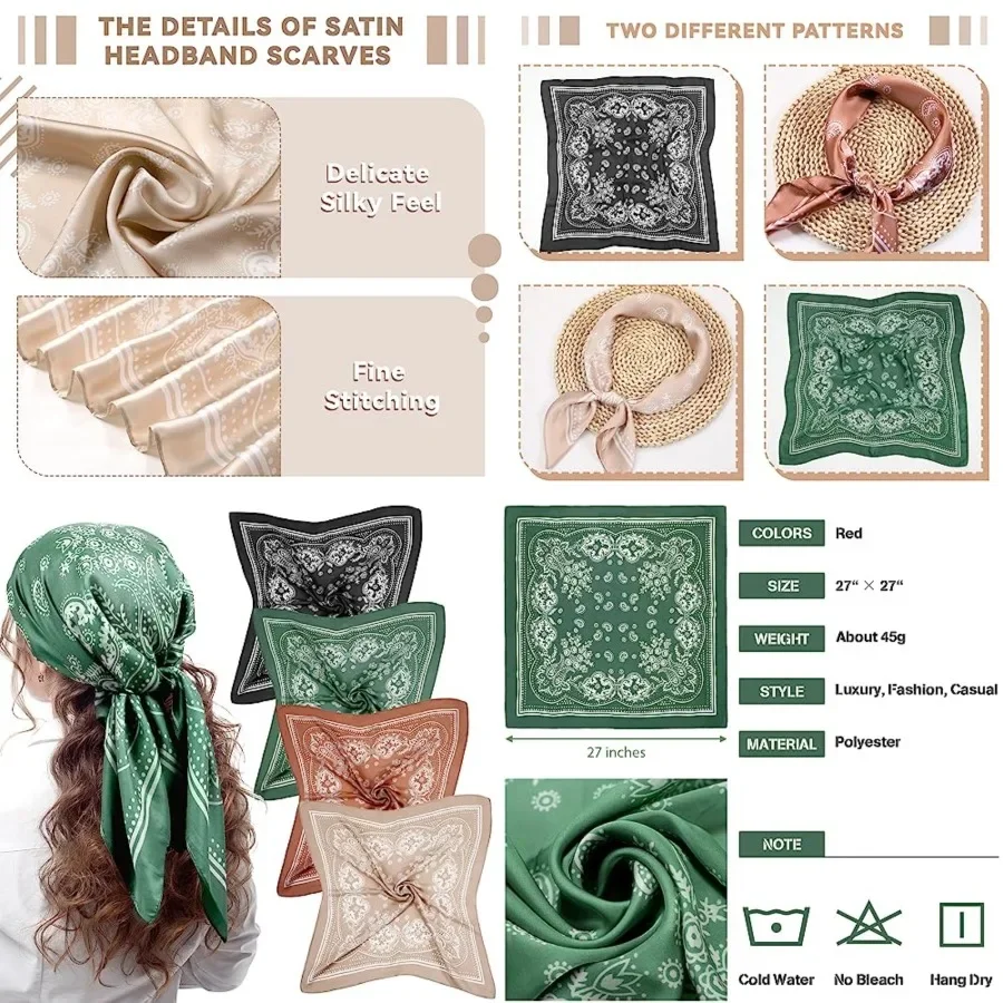

4 Pcs 27'' Square Silk Bandana Satin Head Scarves for Women Silk Like Neck Scarf Durag Hair Wrap for Sleeping Headwear