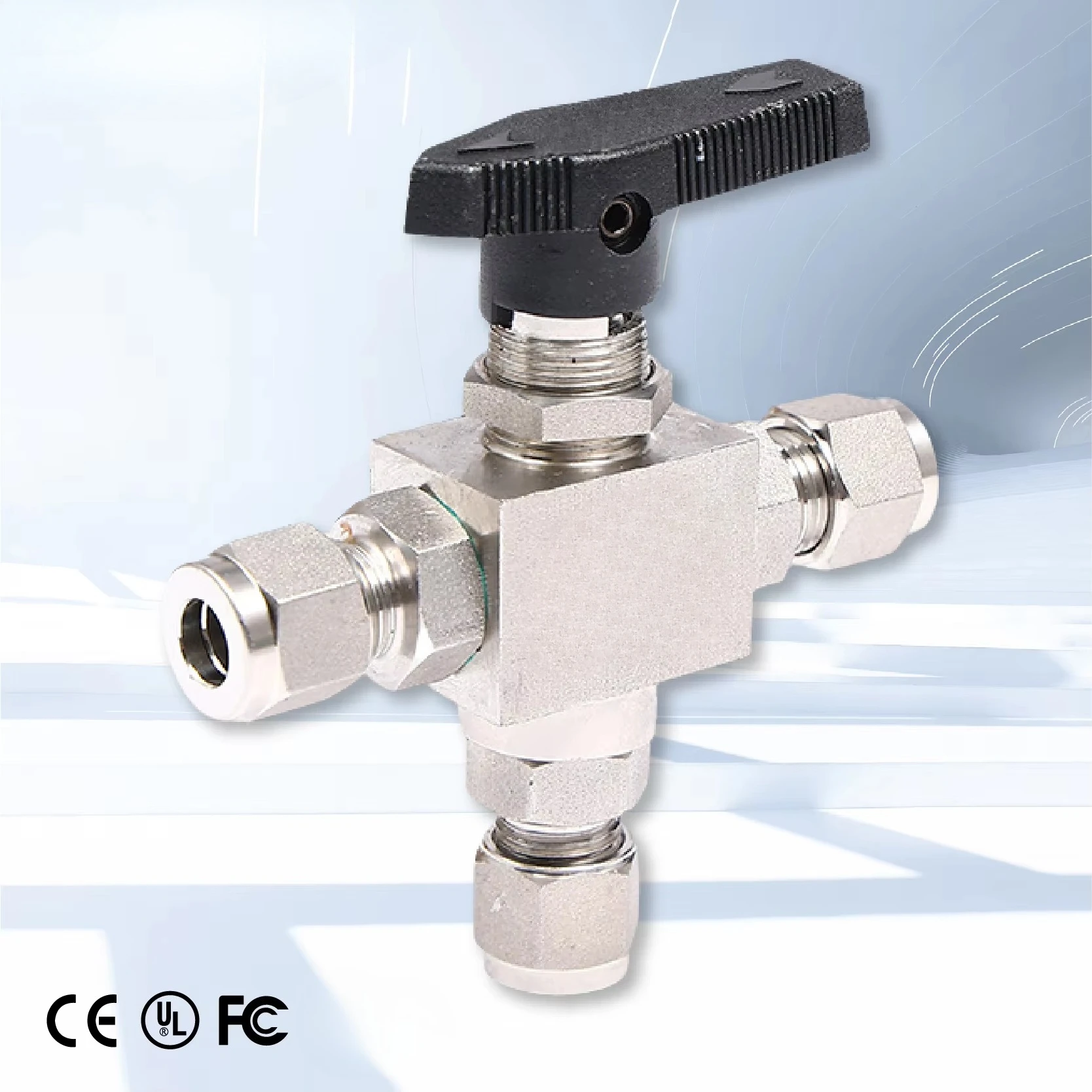 3000 PSI Three Way Ball Valve 316L Stainless Steel Double Ferrule Compression Tube for Corrosion Resistant Instrument Valve